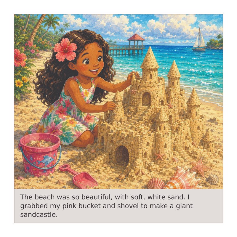Illustration of Daphne building a sandcastle on a Barbados beach