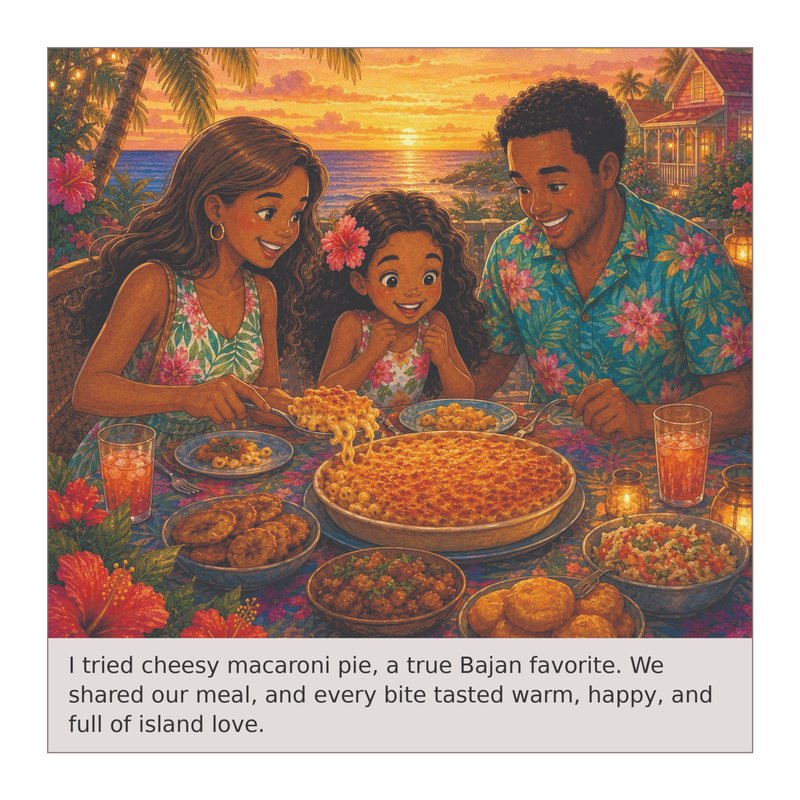 Illustration of Daphne and her family sharing macaroni pie at sunset