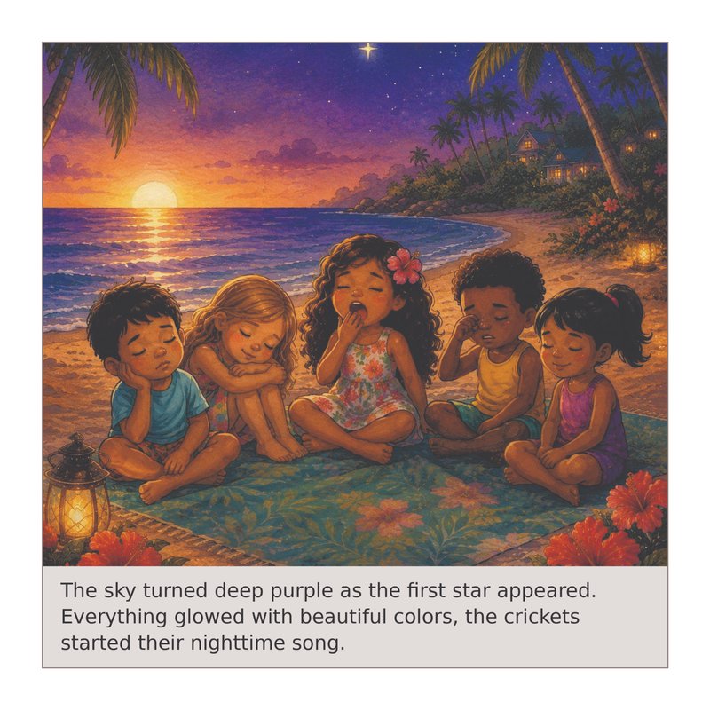 Illustration of Daphne and her family watching a purple sunset on the beach