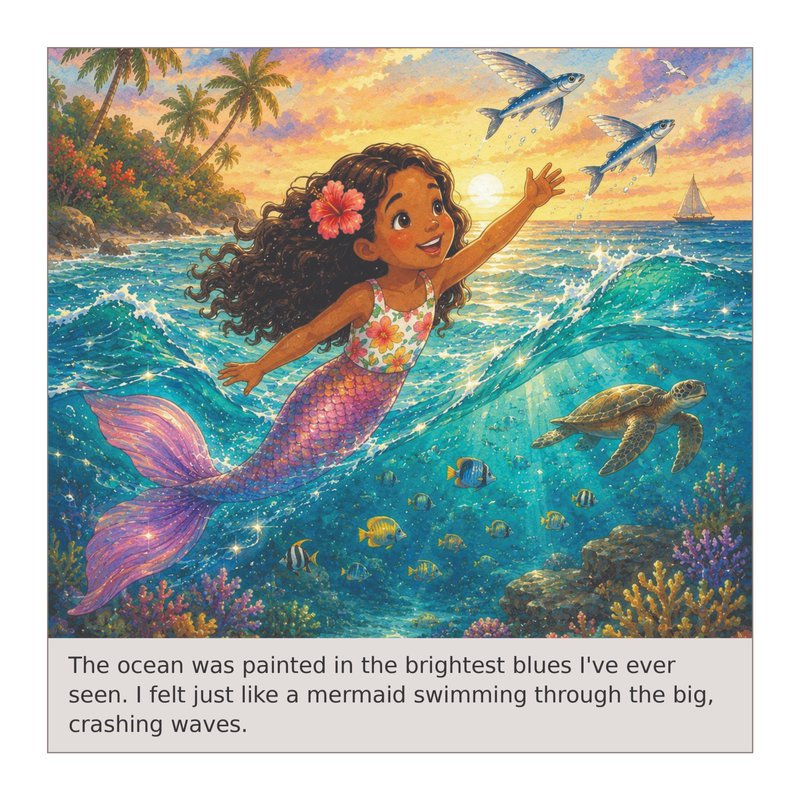 Illustration of Daphne as a mermaid swimming through the waves with flying fish and a sea turtle
