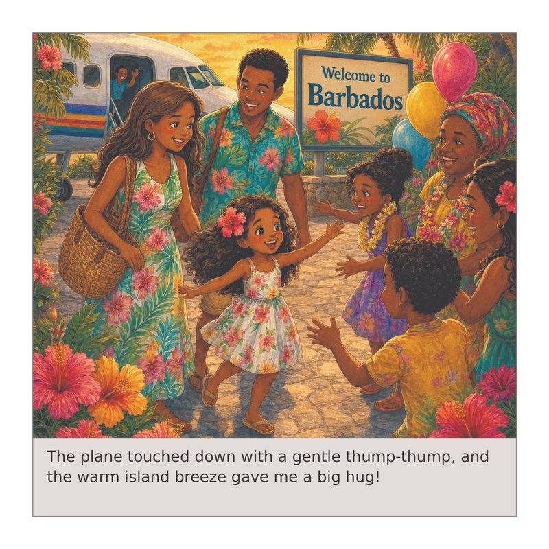 Illustration of Daphne's family arriving and being welcomed to Barbados