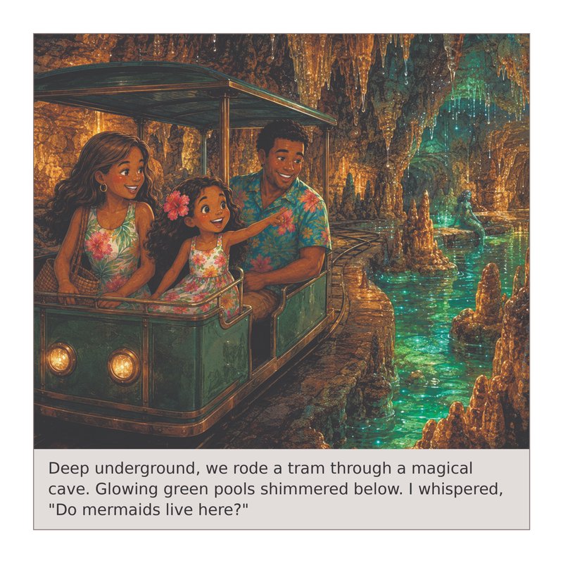 Illustration of Daphne riding a tram through a glowing cave, asking if mermaids live there